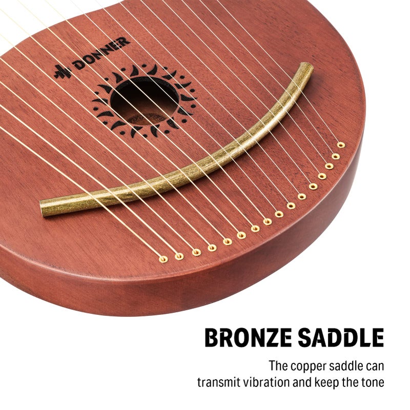 Donner Lyre Harp, 16 Metal Strings, Mahogany Body and Copper Saddle DLH-003 Lyre Harp with Tuning Wrench, Spare String Set, Black Gig Bag, Manual, Ancient Greece Style - Image 2