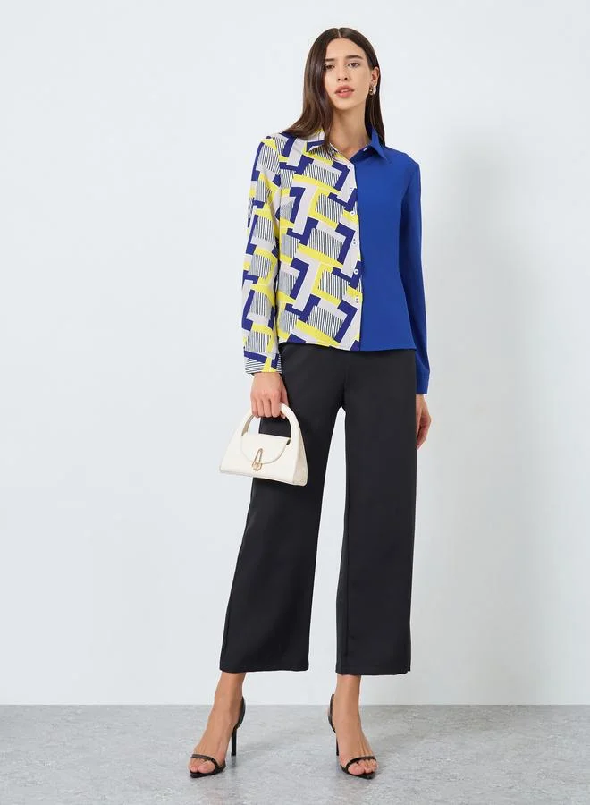 Take Two Blue Color Block Printed Long Sleeve Shirt