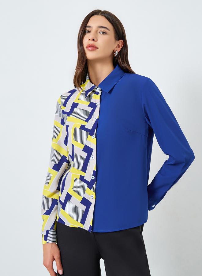Take Two Blue Color Block Printed Long Sleeve Shirt - Image 1