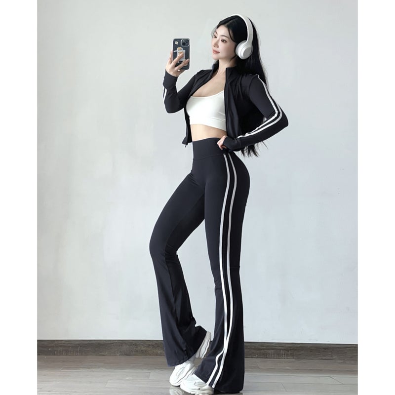 Generic Striped Yoga Suit Womens Running Quick-drying Training Pilates Sports suit Slim-fit Slimming Fitness Two-piece Set 1616 Black (bottom pants) 