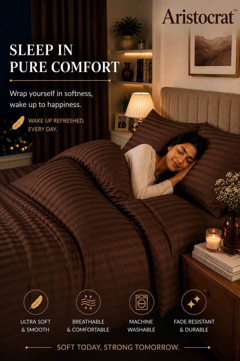 Aristocrat 3-Piece Stripe Microfiber Duvet Cover Set | Single | Includes 1 Duvet Cover (160x220cm) & 2 Pillowcases (53x75+15cm) | Ultra Soft, Breathable & Wrinkle Resistant | Chocolate Brown - Image 3