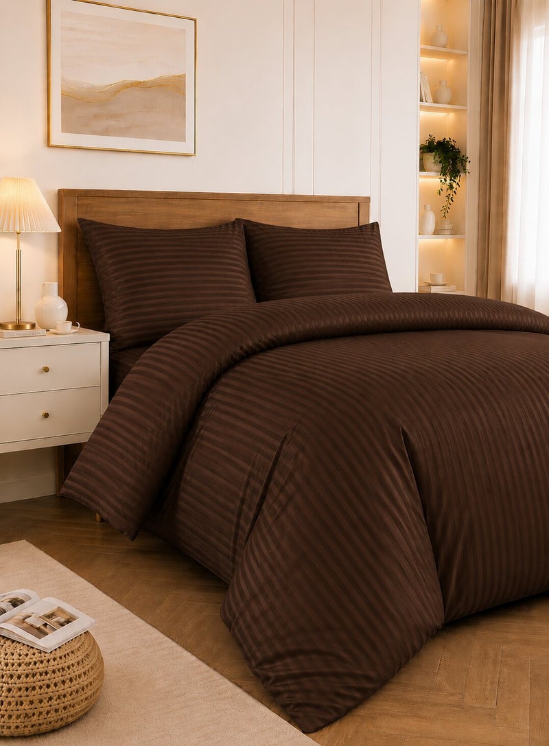 Aristocrat 3-Piece Stripe Microfiber Duvet Cover Set | Single | Includes 1 Duvet Cover (160x220cm) & 2 Pillowcases (53x75+15cm) | Ultra Soft, Breathable & Wrinkle Resistant | Chocolate Brown - Image 1