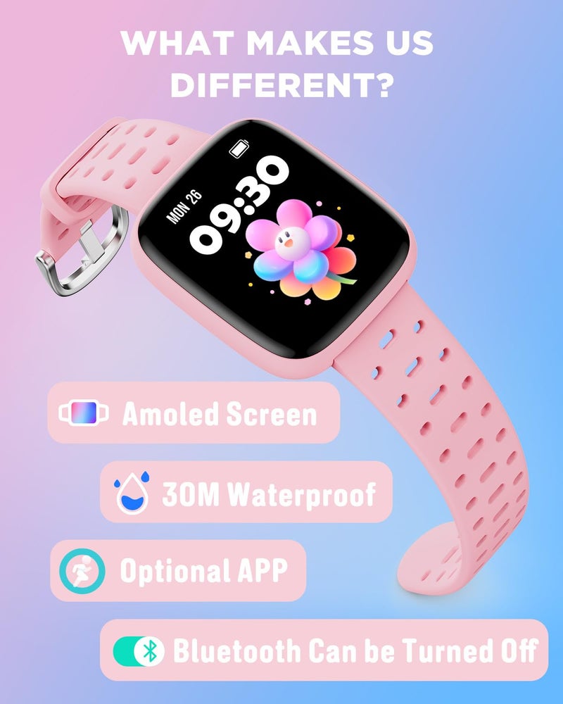 BIGGERFIVE Kids Watch No Phone Needed, 1.8" Amoled Smart Fitness Watch Pedometer, Heart Rate, Sleep Tracker, 30m Waterproof, Step Counter, Puzzle Games, 100+ Dials, Gifts for Girls 5-16, Pink - Image 2