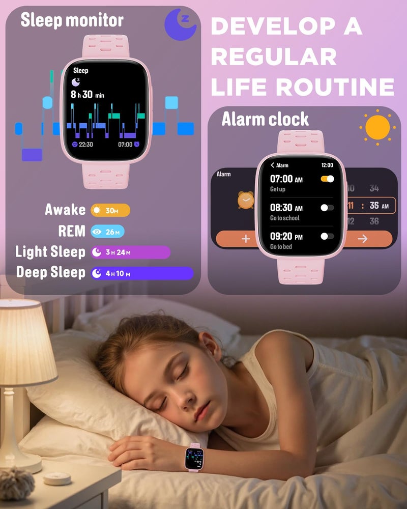 BIGGERFIVE Kids Watch No Phone Needed, 1.8" Amoled Smart Fitness Watch Pedometer, Heart Rate, Sleep Tracker, 30m Waterproof, Step Counter, Puzzle Games, 100+ Dials, Gifts for Girls 5-16, Pink - Image 4