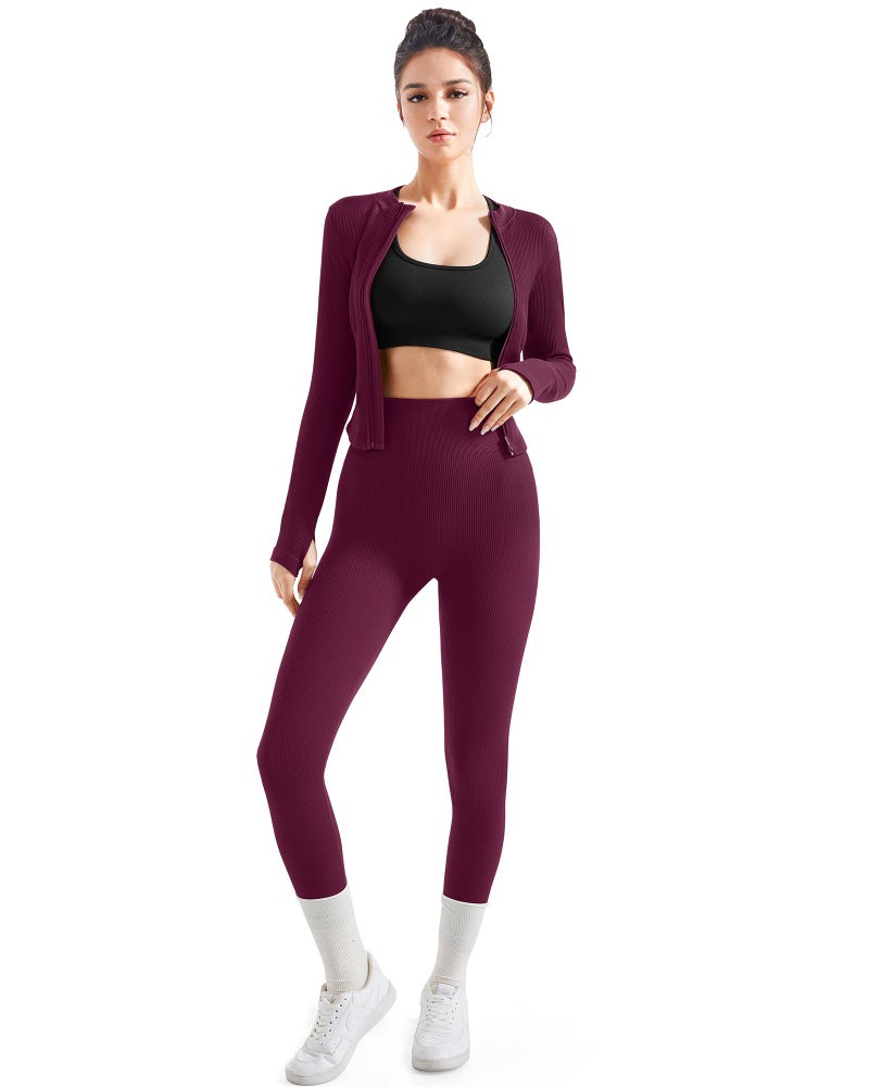 SUUKSESS Women 2 Piece Seamless Ribbed Workout Sets Tracksuit With Zip Up Jacket High Waisted Gym Yoga Leggings (Purple,L) - Image 3