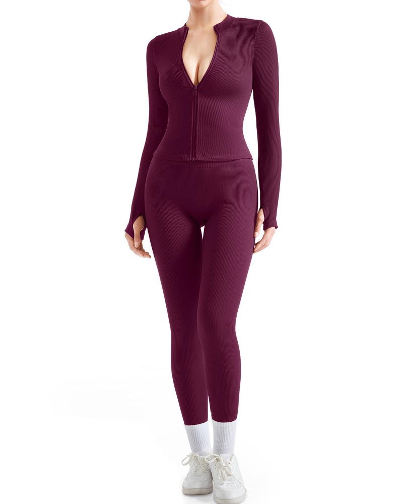 SUUKSESS Women 2 Piece Seamless Ribbed Workout Sets Tracksuit With Zip Up Jacket High Waisted Gym Yoga Leggings (Purple,L) - Image 1