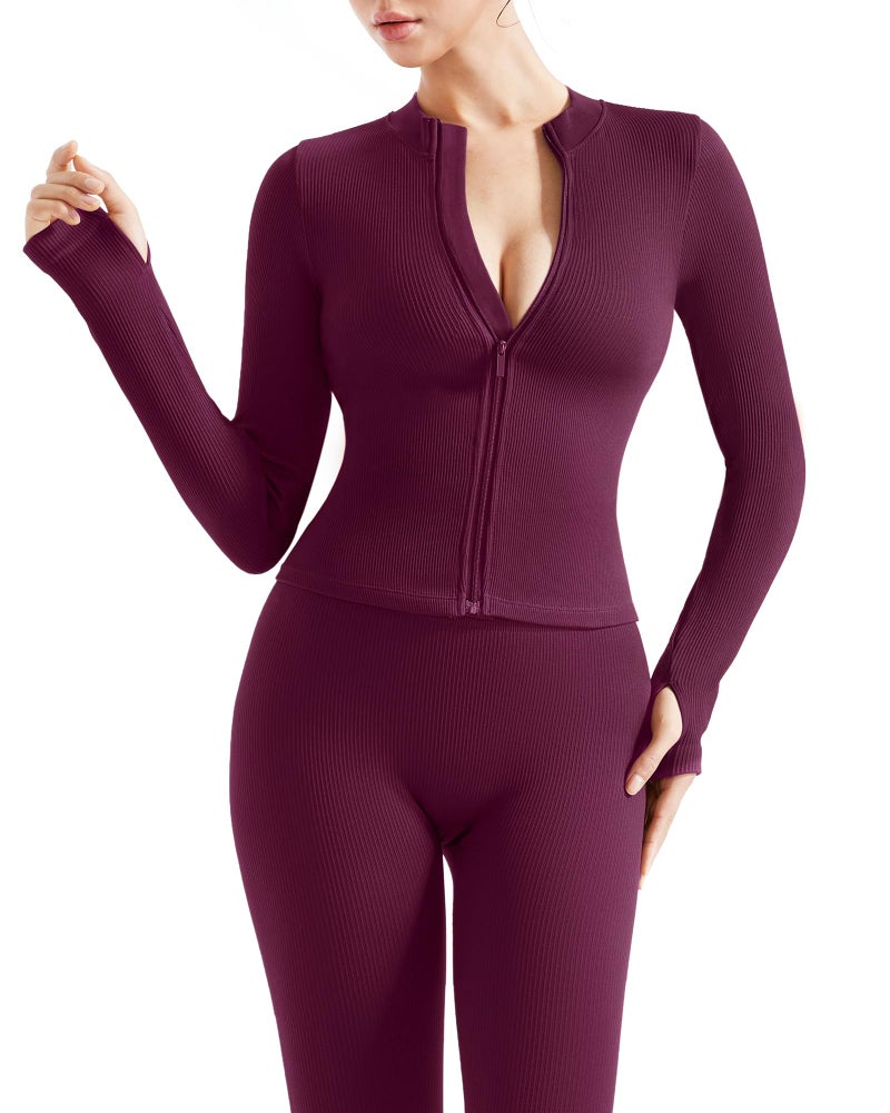 SUUKSESS Women 2 Piece Seamless Ribbed Workout Sets Tracksuit With Zip Up Jacket High Waisted Gym Yoga Leggings (Purple,L) - Image 2