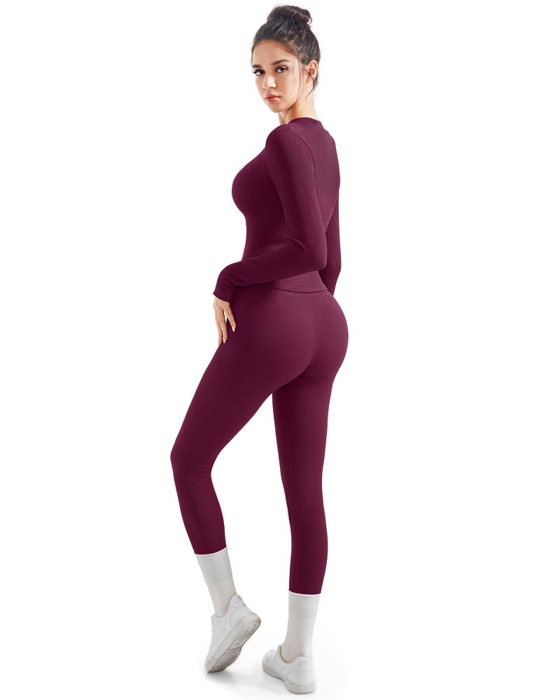 SUUKSESS Women 2 Piece Seamless Ribbed Workout Sets Tracksuit With Zip Up Jacket High Waisted Gym Yoga Leggings (Purple,L) - Image 5