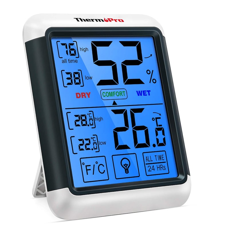 ThermoPro مقياس الرطوبة، مقياس حرارة رقمي، مقياس الرطوبة، داخلي، شاشة LCD كبيرة، عرض أقصى وأدنى درجة حرارة ورطوبة، وظيفة إضاءة خلفية، شاشة تعمل باللمس، يمكن استخدامها في أماكن متعددة - Image 1