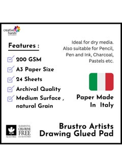 BRUSTRO BRUSTRO Artist Drawing Glued Pad | 200 GSM, A3, 24 Sheets | Natural Grain, Medium Surface, Ideal for Charcoal, Coloured Pencils, Gouche, Pen, Pastels, Ink.  - Image 5