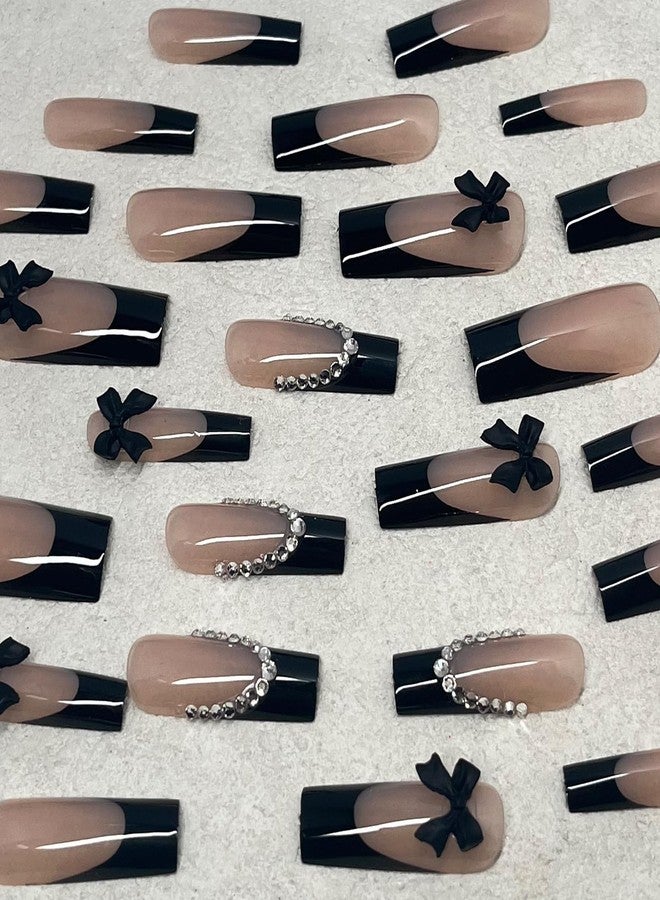 Jremg Black French Tip Press on Nails Medium Long Fake Nails with Rhinestones Design Glossy Glue on Nails 3D Black Bow Charms False Nail Tips Luxury Artificial Acrylic Nails for Women Girls 24Pcs - Image 4