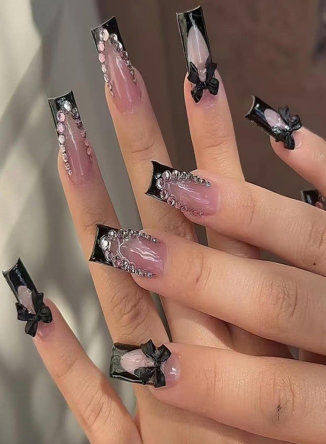 Jremg Black French Tip Press on Nails Medium Long Fake Nails with Rhinestones Design Glossy Glue on Nails 3D Black Bow Charms False Nail Tips Luxury Artificial Acrylic Nails for Women Girls 24Pcs - Image 1