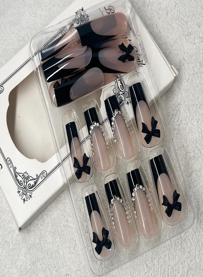Jremg Black French Tip Press on Nails Medium Long Fake Nails with Rhinestones Design Glossy Glue on Nails 3D Black Bow Charms False Nail Tips Luxury Artificial Acrylic Nails for Women Girls 24Pcs - Image 5
