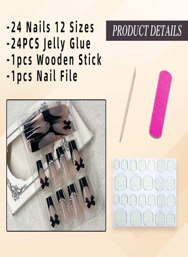 Jremg Black French Tip Press on Nails Medium Long Fake Nails with Rhinestones Design Glossy Glue on Nails 3D Black Bow Charms False Nail Tips Luxury Artificial Acrylic Nails for Women Girls 24Pcs - Image 2