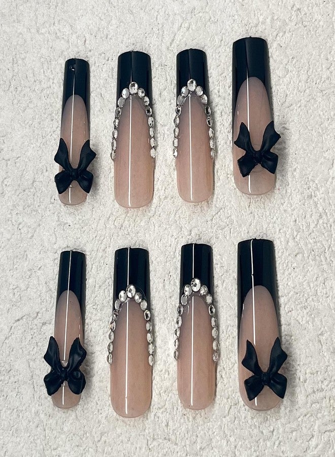 Jremg Black French Tip Press on Nails Medium Long Fake Nails with Rhinestones Design Glossy Glue on Nails 3D Black Bow Charms False Nail Tips Luxury Artificial Acrylic Nails for Women Girls 24Pcs - Image 3