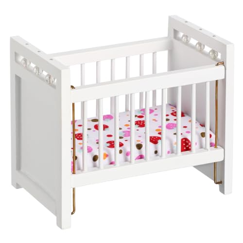 Garneck Miniature Dollhouse Crib White Dollhouse Cot Mini Cot Mini Furniture Decoration Miniature Birch Crib - Image 1