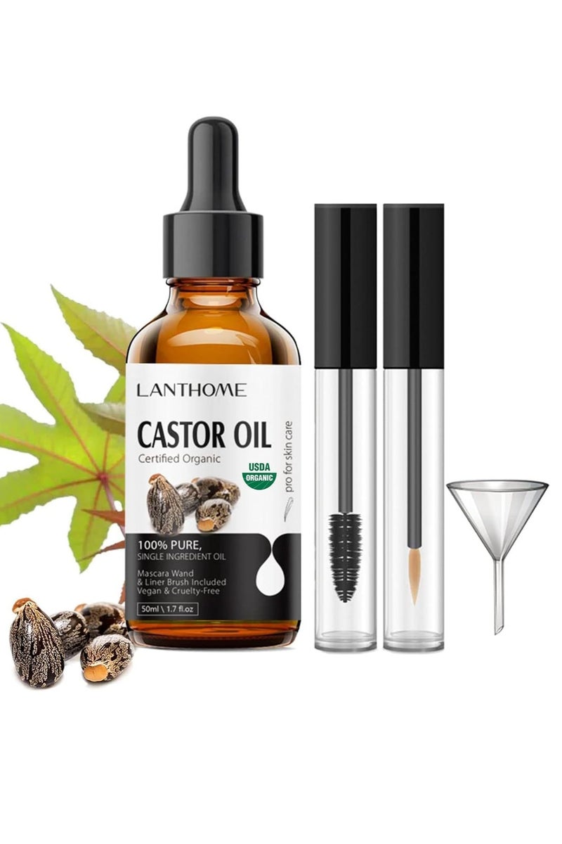 لانثوم زيت خروع عضوي بعبوة سعة 50 مل، زيت خروع طبيعي نقي لتحفيز نمو الشعر، متوافق مع مقاييس وزارة الزراعة الأمريكية، معصور على البارد وغير مكرر، سيروم لتحفيز نمو الرموش والحواجب ومعالجتها - Image 1