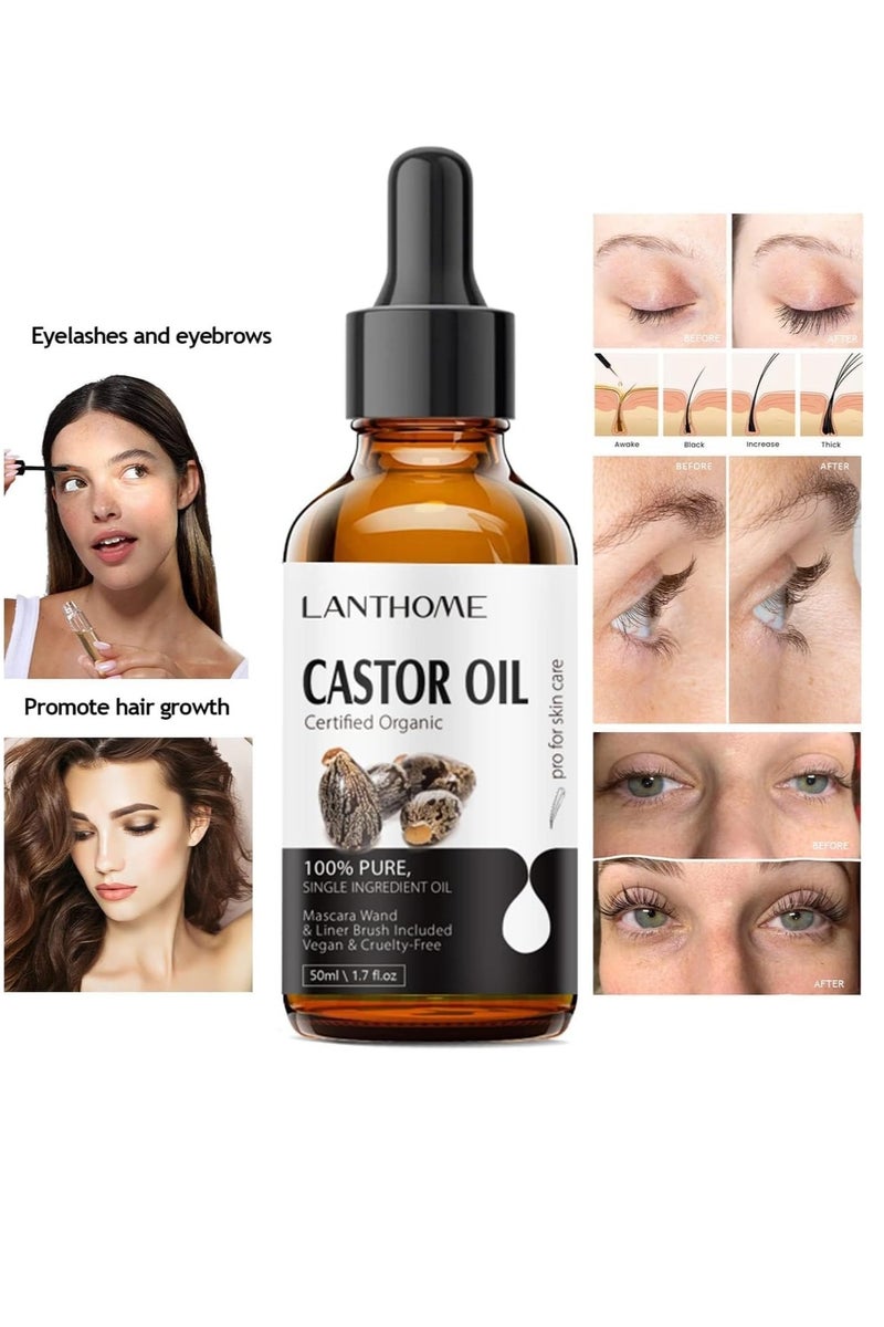 لانثوم زيت خروع عضوي بعبوة سعة 50 مل، زيت خروع طبيعي نقي لتحفيز نمو الشعر، متوافق مع مقاييس وزارة الزراعة الأمريكية، معصور على البارد وغير مكرر، سيروم لتحفيز نمو الرموش والحواجب ومعالجتها - Image 2