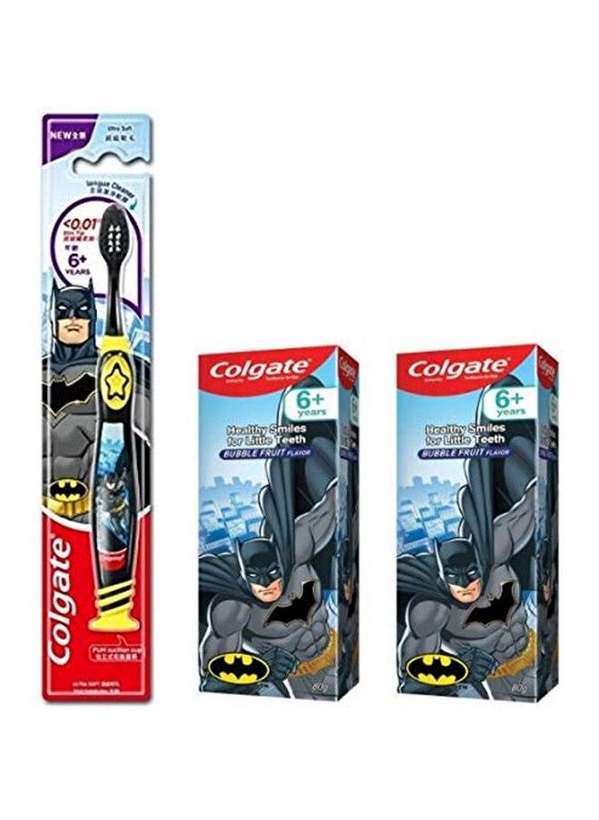 Colgate Kid'S Batman Anti Cavity Extra Soft Brush With Tongue Cleaner Toothbrush 1 Pc Batman Paste Anticavity Toothpaste For Kids 80G + 80G (Bubble Fruit Flavour)  - Image 2
