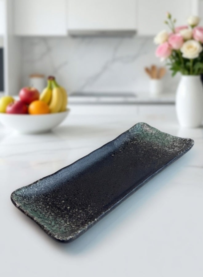 Clink Japanese Style Creative Rectangular Plate, Curved Corner Plate, Black - Emerald Green Long Plate, Japanese Ceramic Plate, Perfect for Home & Restaurants, Sushi Plate, 8.5 Inch - Image 2