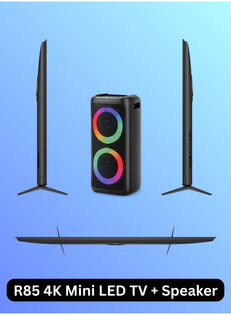 روا ROWA 65-Inch R85 4K 144Hz Mini LED Smart UHD TV Bundle With Portable TWS Bluetooth Party Speaker | Google HDR TV, AiPQ Pro Processor, 1000 Nits, 300W PMPO, RGB Lights, USB/SD/AUX/Mic, Rechargeable Speaker 65R85+SPEAKER Black - Image 3