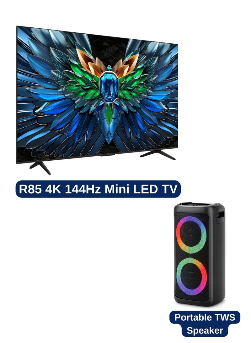 روا ROWA 65-Inch R85 4K 144Hz Mini LED Smart UHD TV Bundle With Portable TWS Bluetooth Party Speaker | Google HDR TV, AiPQ Pro Processor, 1000 Nits, 300W PMPO, RGB Lights, USB/SD/AUX/Mic, Rechargeable Speaker 65R85+SPEAKER Black - Image 2