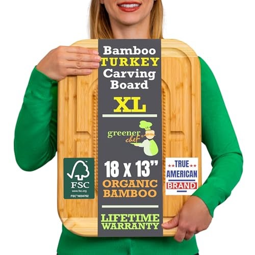 GREENER CHEF 18 Inch Extra Large Organic Turkey Carving Board with Lifetime Replacements - XL Wooden Butcher Block Meat Cutting Board with Pour Spout - Thanksgiving Cooking Essentials - Image 1