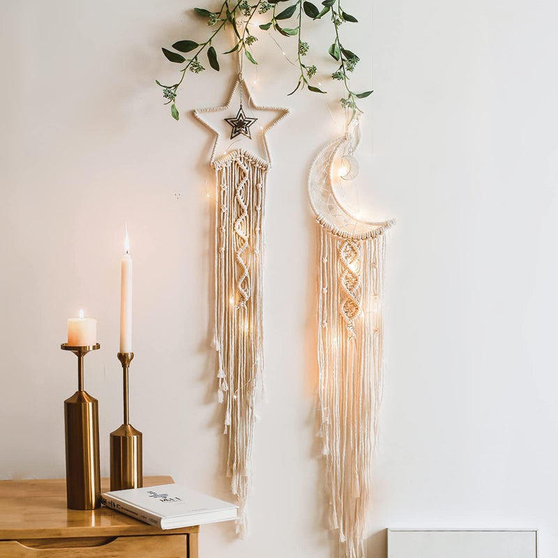 2Pcs Star Moon Dream Catchers Bedroom Wall Decor Boho Bedroom Decor Dream Catcher for Girls Wall Decor Valentines Day Gifts