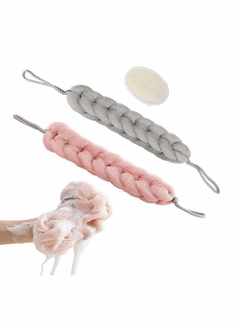 NIBEMINENT Back Scrubber, 2 Packs Long Stretch Sponge with Rope Handles, Bath Shower Mesh Exfoliating Body Scrub Braided Loofah, for Men and Women (Grey Pink)  - Image 1