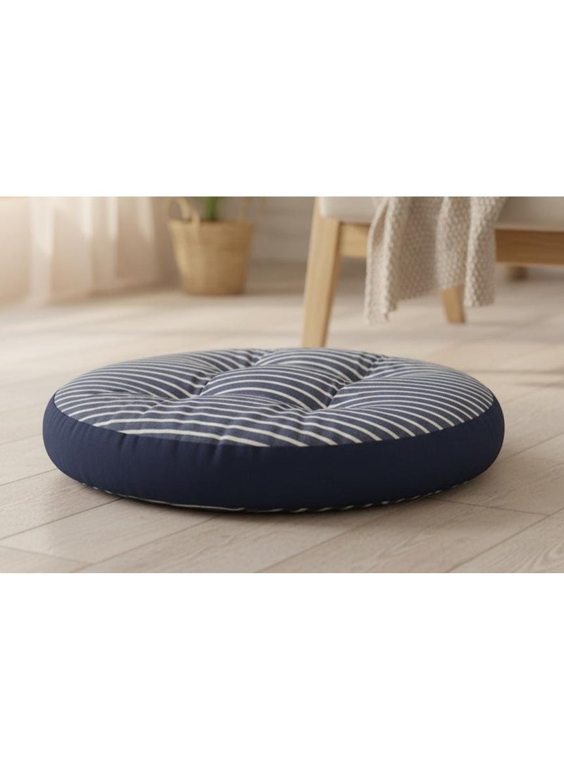 أي كي دي سي وسادة أرضية قطنية دائرية كبيرة من AKDC - لون أبيض بتصميم مخطط باللون الأزرق الداكن، وسادة جلوس أنيقة، 55×55×12 سم - Image 2