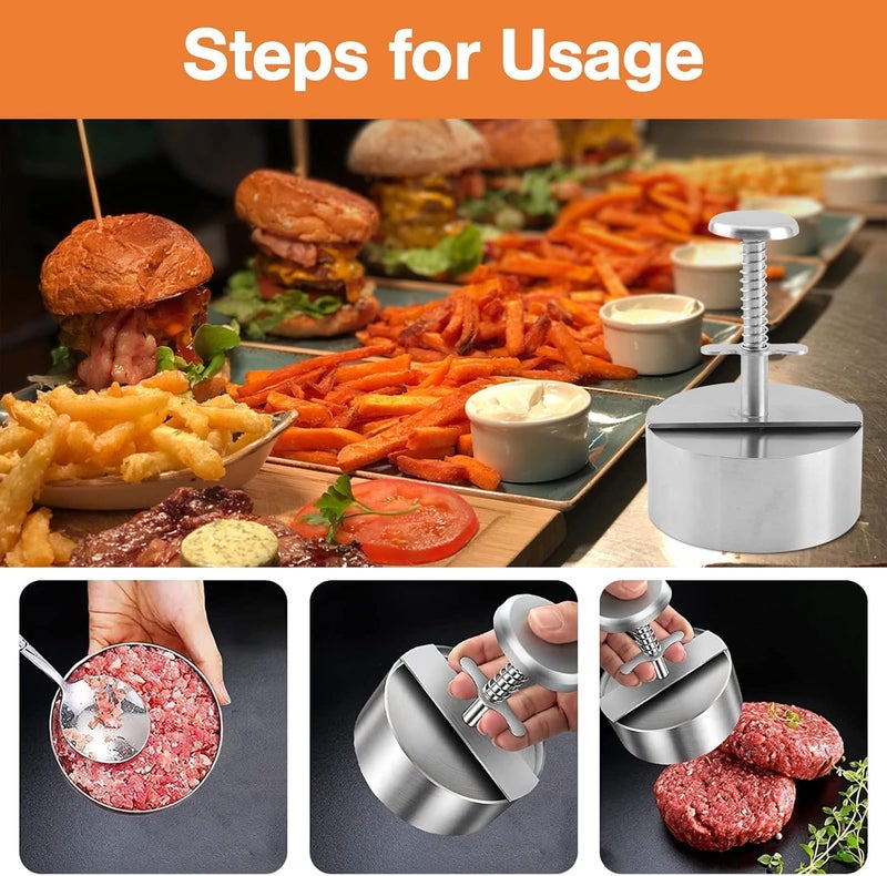 proton plus Proton Burger Press Stainless Steel Hamburger Patty Maker Adjustable Hamburger Patty Maker Non Stick Patty Making Molds with Spring Button for BBQ and Homemade Hamburger 12 CM  - Image 2