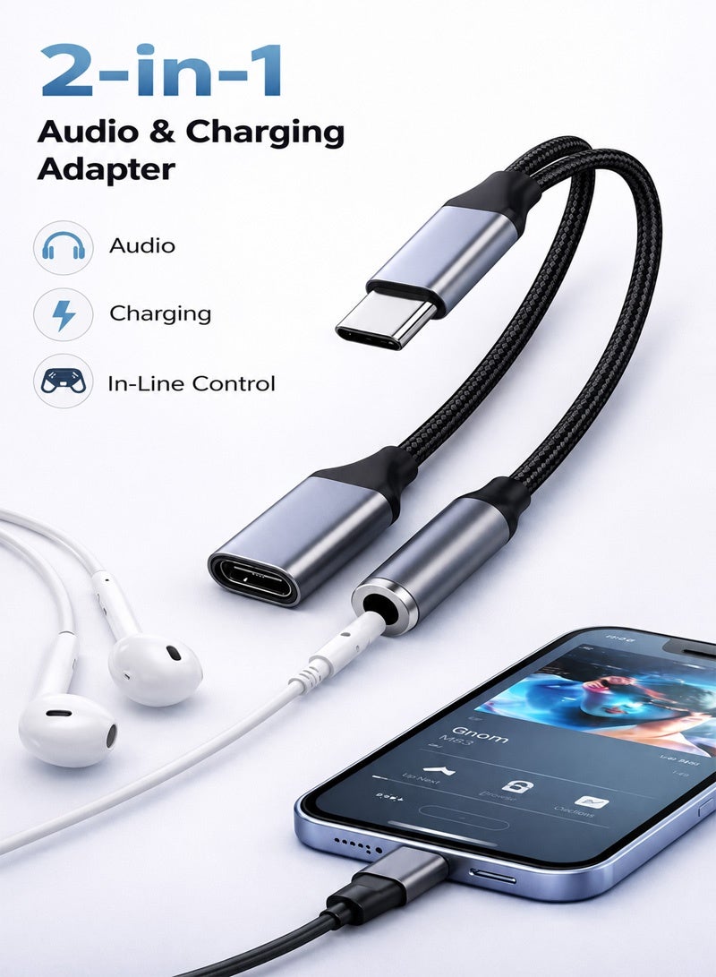USB Type C to 3.5mm Headphone and Charger Adapter,2-in-1 USB C to Aux Audio Jack Hi-Res DAC and 10W Charging Dongle Cable Cord - Image 3