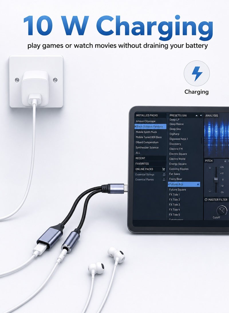 USB Type C to 3.5mm Headphone and Charger Adapter,2-in-1 USB C to Aux Audio Jack Hi-Res DAC and 10W Charging Dongle Cable Cord - Image 4