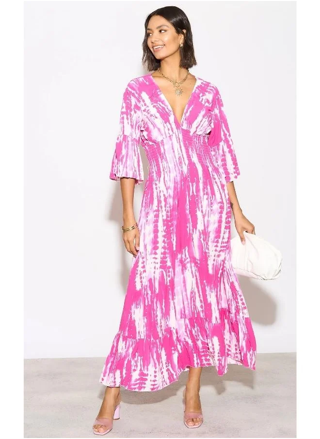 Hoxton Gal Pink & White Tie-Dye V-Neck Maxi Dress with Flutter Sleeves and Shirred Waist – Oversized Fit