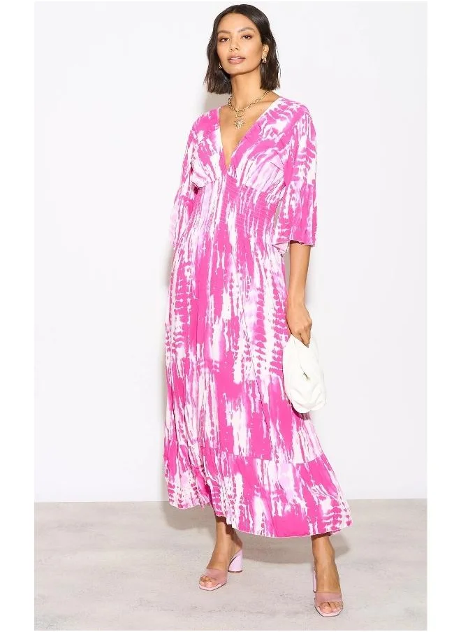 Hoxton Gal Pink & White Tie-Dye V-Neck Maxi Dress with Flutter Sleeves and Shirred Waist – Oversized Fit