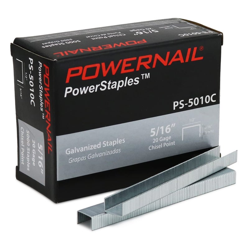 Powernail PS5010C 20 Gauge 12 Inch Crown 516 Inch Length Chisel Point Collated Galvanized Staples Box of 5000