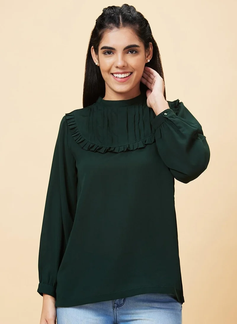 globus Globus Women Green High Neck Gathered Or Pleated Puff Sleeves Top