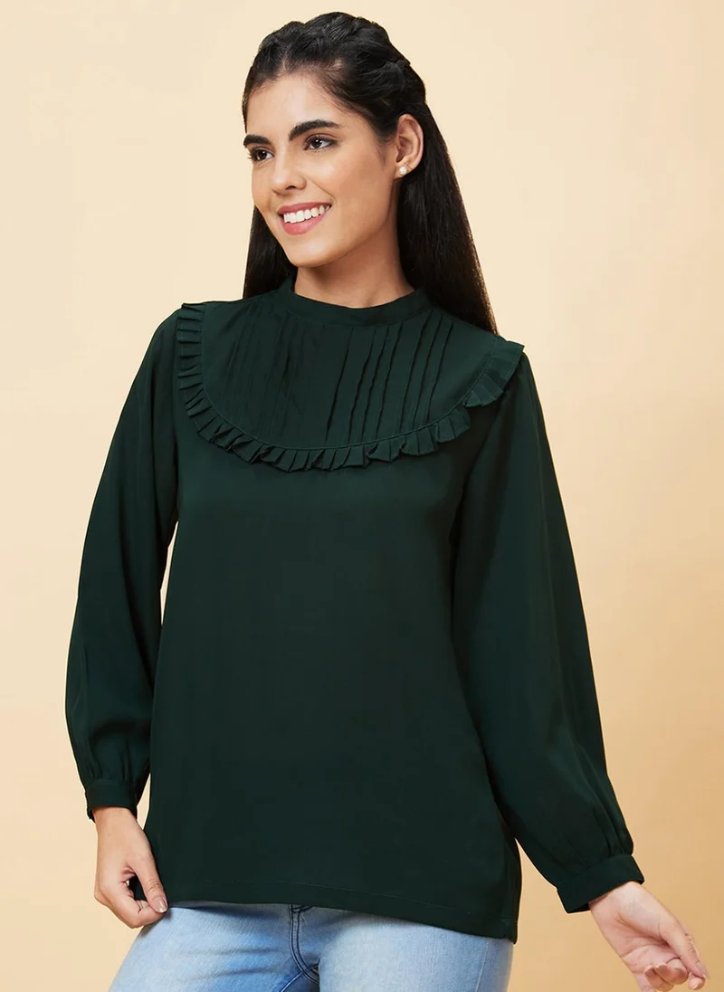 globus Globus Women Green High Neck Gathered Or Pleated Puff Sleeves Top