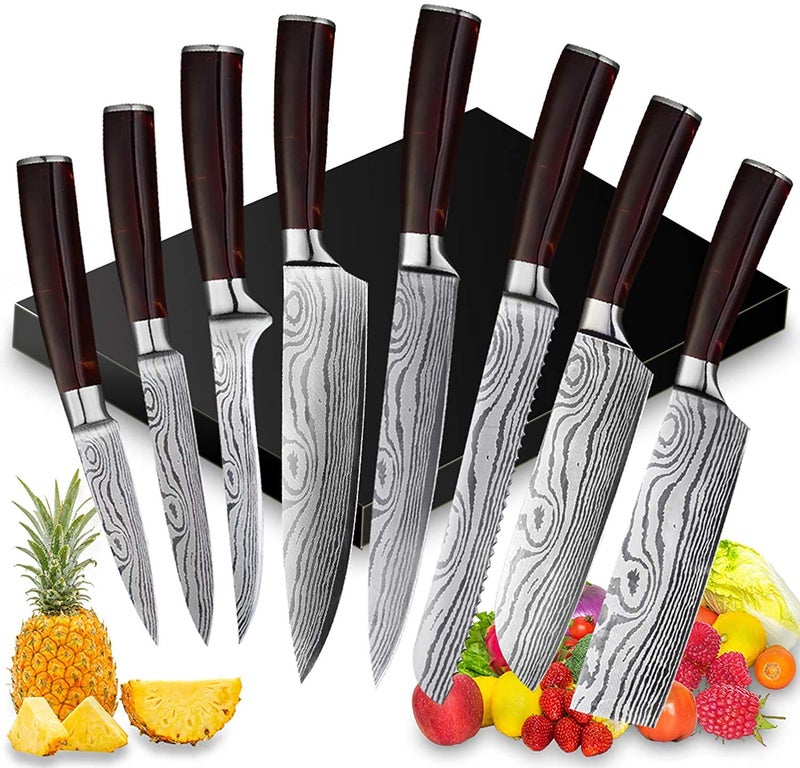 UniqueFire Chef Knife Set 8 PCS Professional Kitchen Knives set Ultrasharp German high carbon stainless steel cooking knives sets for Home  Restaurant Ergonomic Redwood Handle with Gift Box