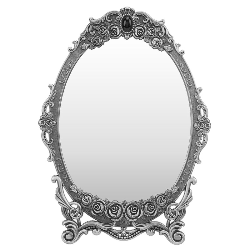 Retro Desktop Makeup Mirror Floral Embossed Beaded Edges Clear Image Functional Vintage Mirror DecorationSilvery - Image 2