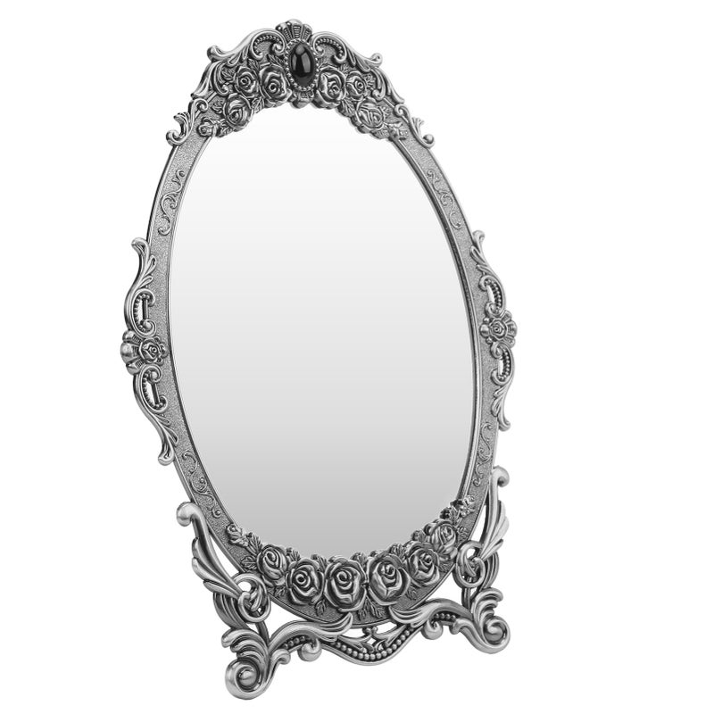Retro Desktop Makeup Mirror Floral Embossed Beaded Edges Clear Image Functional Vintage Mirror DecorationSilvery - Image 4