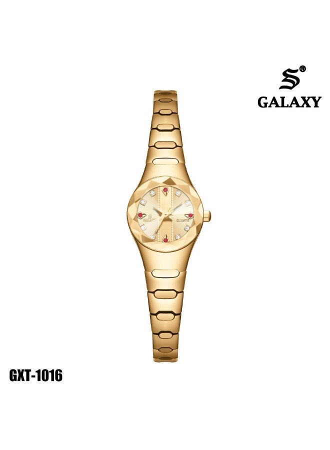 جالاكسي ساعة يد نسائية GALAXY GXT-1016 كوارتز عقارب باللون الذهبي الكامل مع هيكل وسوار ذو أوجه مصقولة