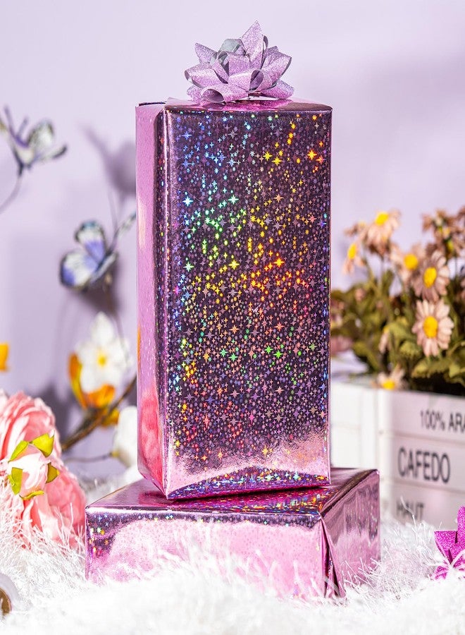 Flyhill Pink Holographic Wrapping Paper Roll Girls, Metallic Holographic Shiny Galaxy Star Gift Wrap Space Design for Girls Birthday, Valentine's Day, Mother‘s Day, Wedding, Party - Mini Roll 17inch*32.8ft - Image 5