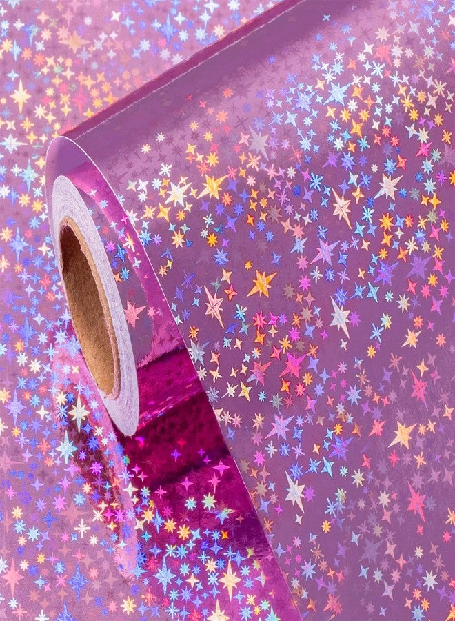 Flyhill Pink Holographic Wrapping Paper Roll Girls, Metallic Holographic Shiny Galaxy Star Gift Wrap Space Design for Girls Birthday, Valentine's Day, Mother‘s Day, Wedding, Party - Mini Roll 17inch*32.8ft - Image 1