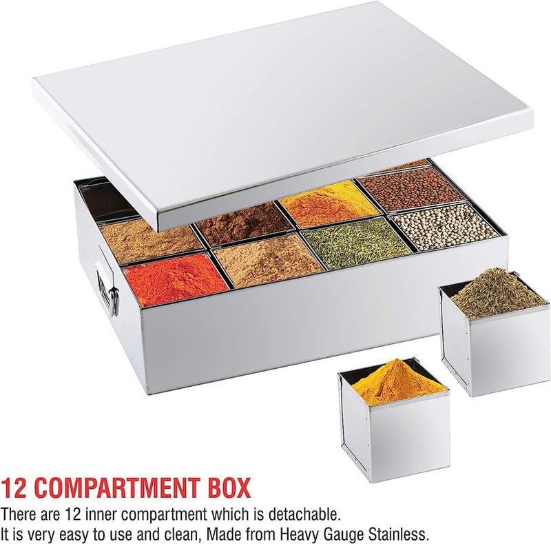 PAUL SONS Stainless Steel Commercial Masala PetiSpice BoxMasala DabbaSpice Box SizeL17 x B13 Big 12 Compartment Silver - Image 3