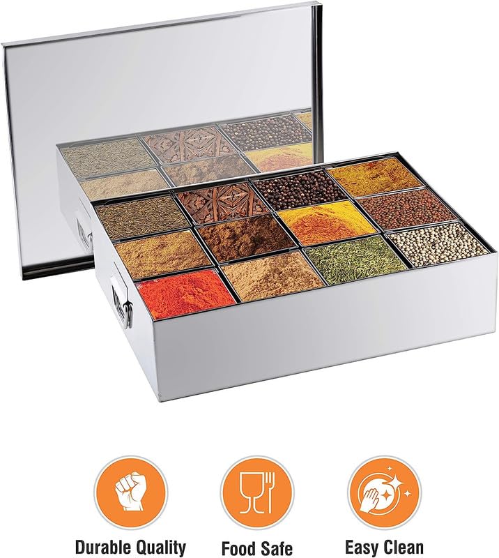 PAUL SONS Stainless Steel Commercial Masala PetiSpice BoxMasala DabbaSpice Box SizeL17 x B13 Big 12 Compartment Silver - Image 4