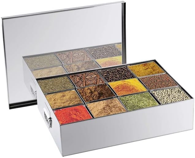 PAUL SONS Stainless Steel Commercial Masala PetiSpice BoxMasala DabbaSpice Box SizeL17 x B13 Big 12 Compartment Silver - Image 1