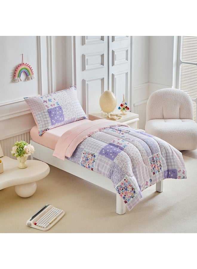 Joyreap 4 Piece Toddler Bedding Set- Pink n Purple Floral Butterflies Patchwork Design, Microfiber Toddler Bedding Comforter Set for Girls - Image 3