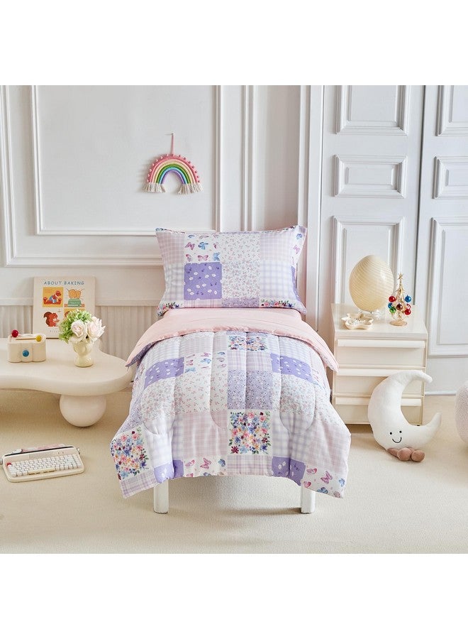 Joyreap 4 Piece Toddler Bedding Set- Pink n Purple Floral Butterflies Patchwork Design, Microfiber Toddler Bedding Comforter Set for Girls - Image 2