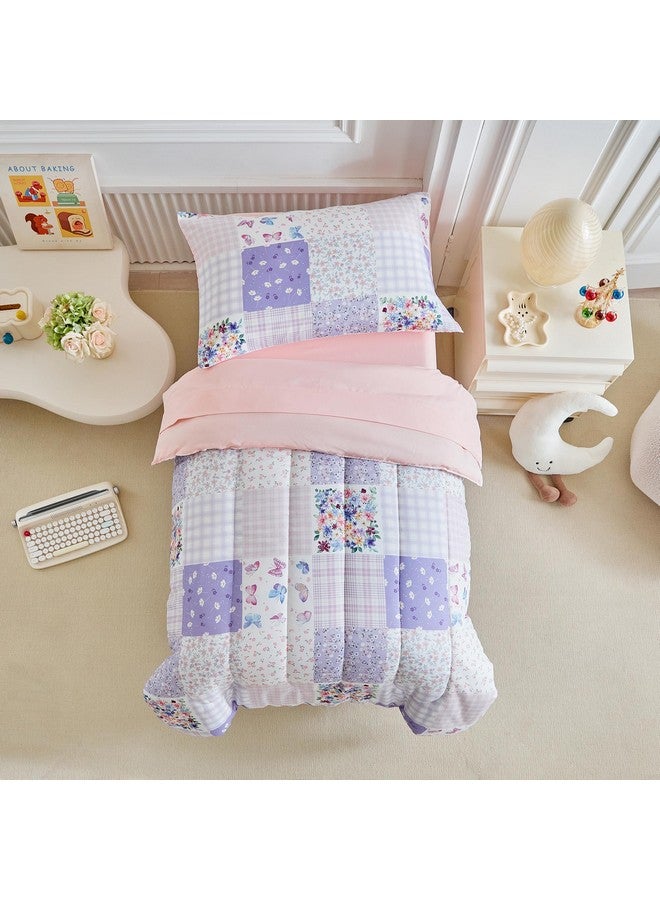 Joyreap 4 Piece Toddler Bedding Set- Pink n Purple Floral Butterflies Patchwork Design, Microfiber Toddler Bedding Comforter Set for Girls - Image 1